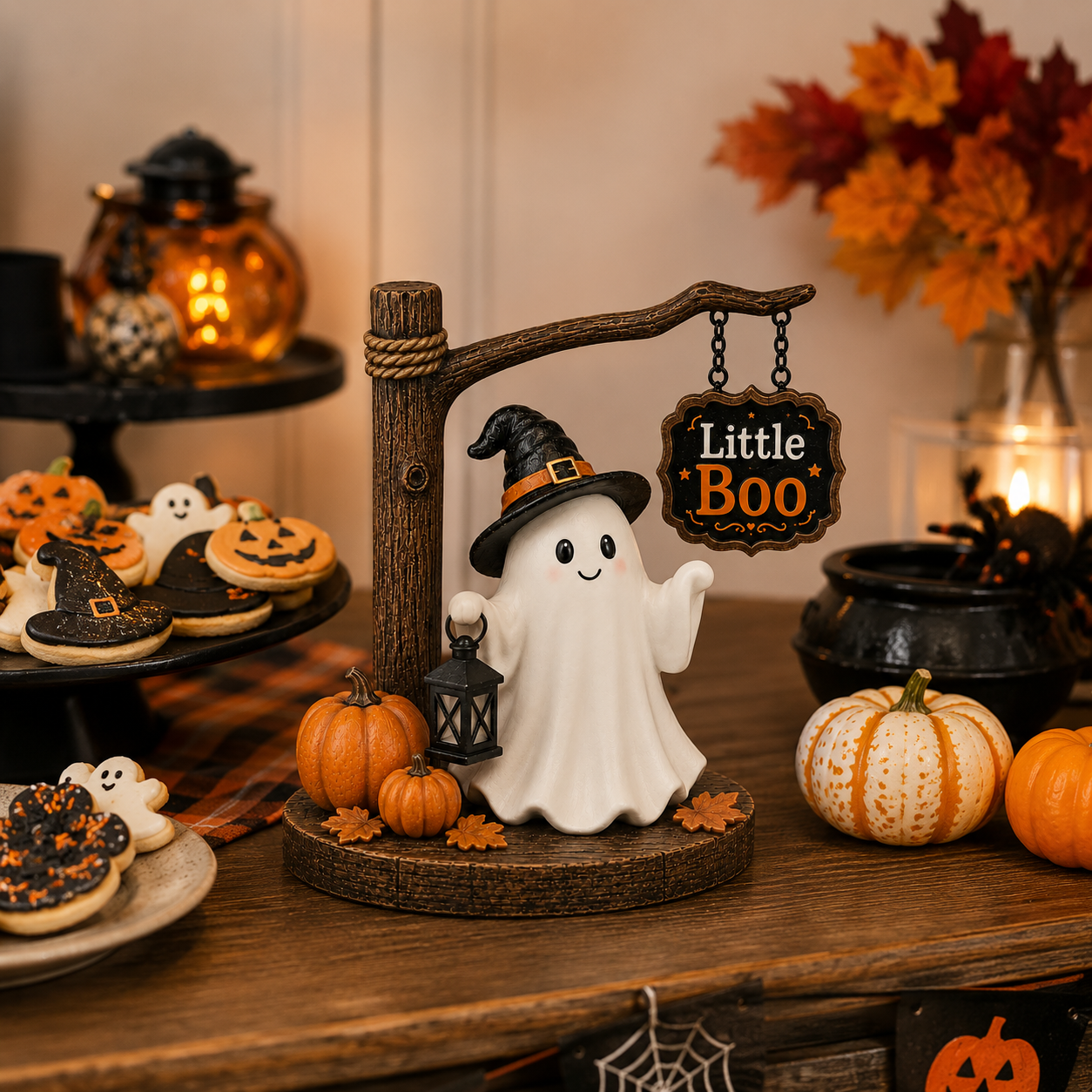 Little Boo Halloween Ghost Tabletop Decor 8.3-Inch Cute Ghost Figurine with Witch Hat