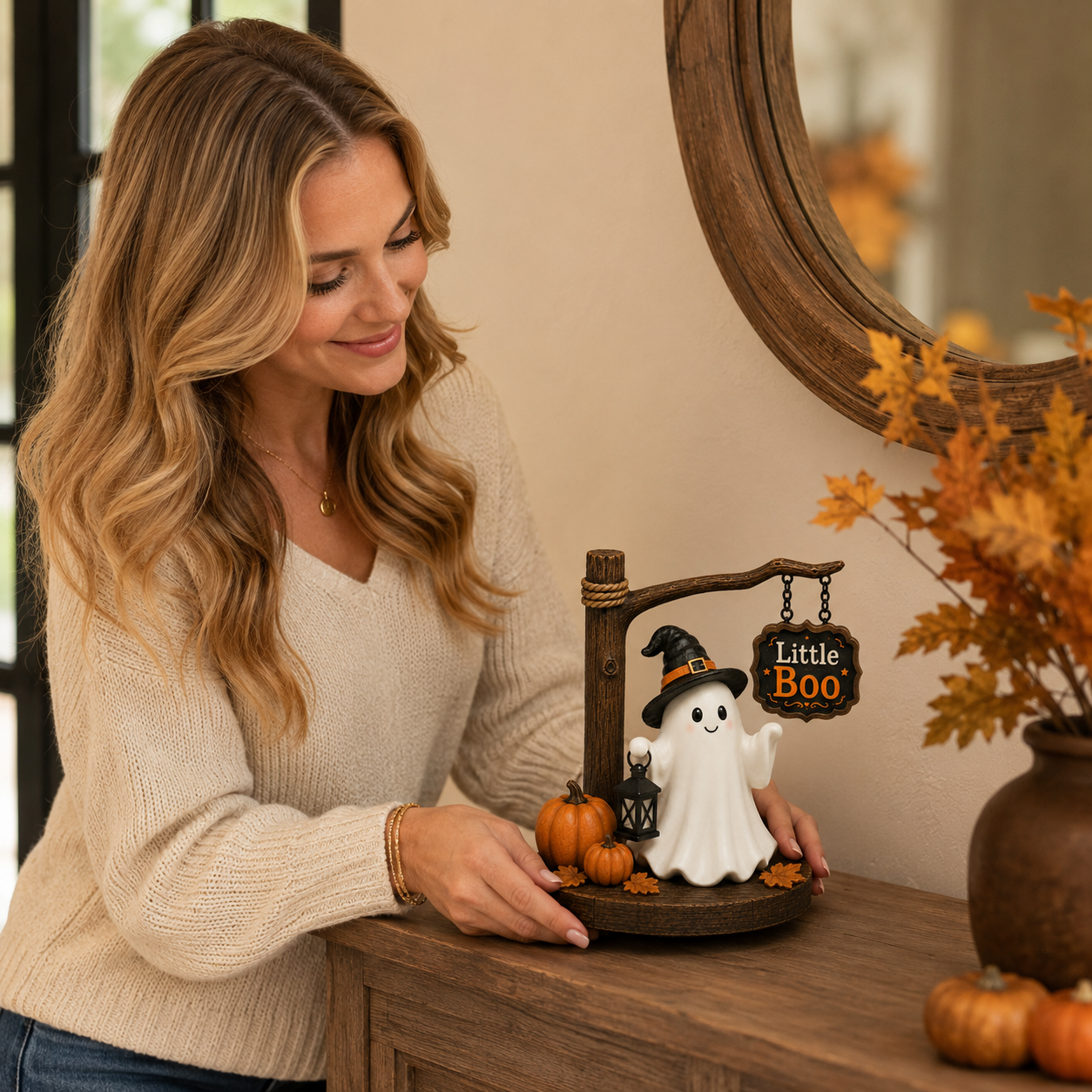 Little Boo Halloween Ghost Tabletop Decor 8.3-Inch Cute Ghost Figurine with Witch Hat