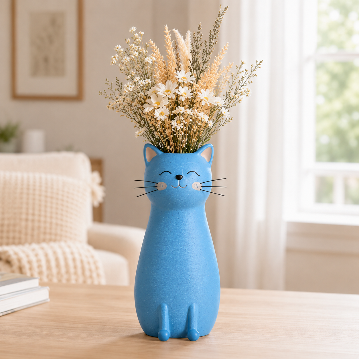 Whimsical Cat Flower Vase with Faux Flower Bouquet