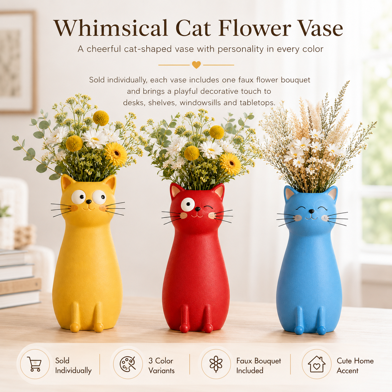 Whimsical Cat Flower Vase with Faux Flower Bouquet