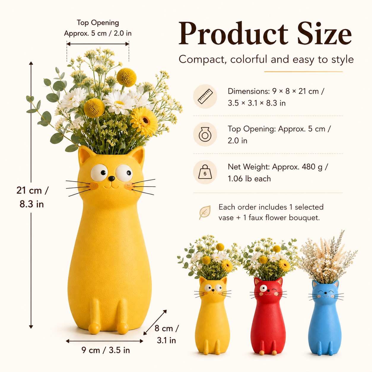 Whimsical Cat Flower Vase with Faux Flower Bouquet
