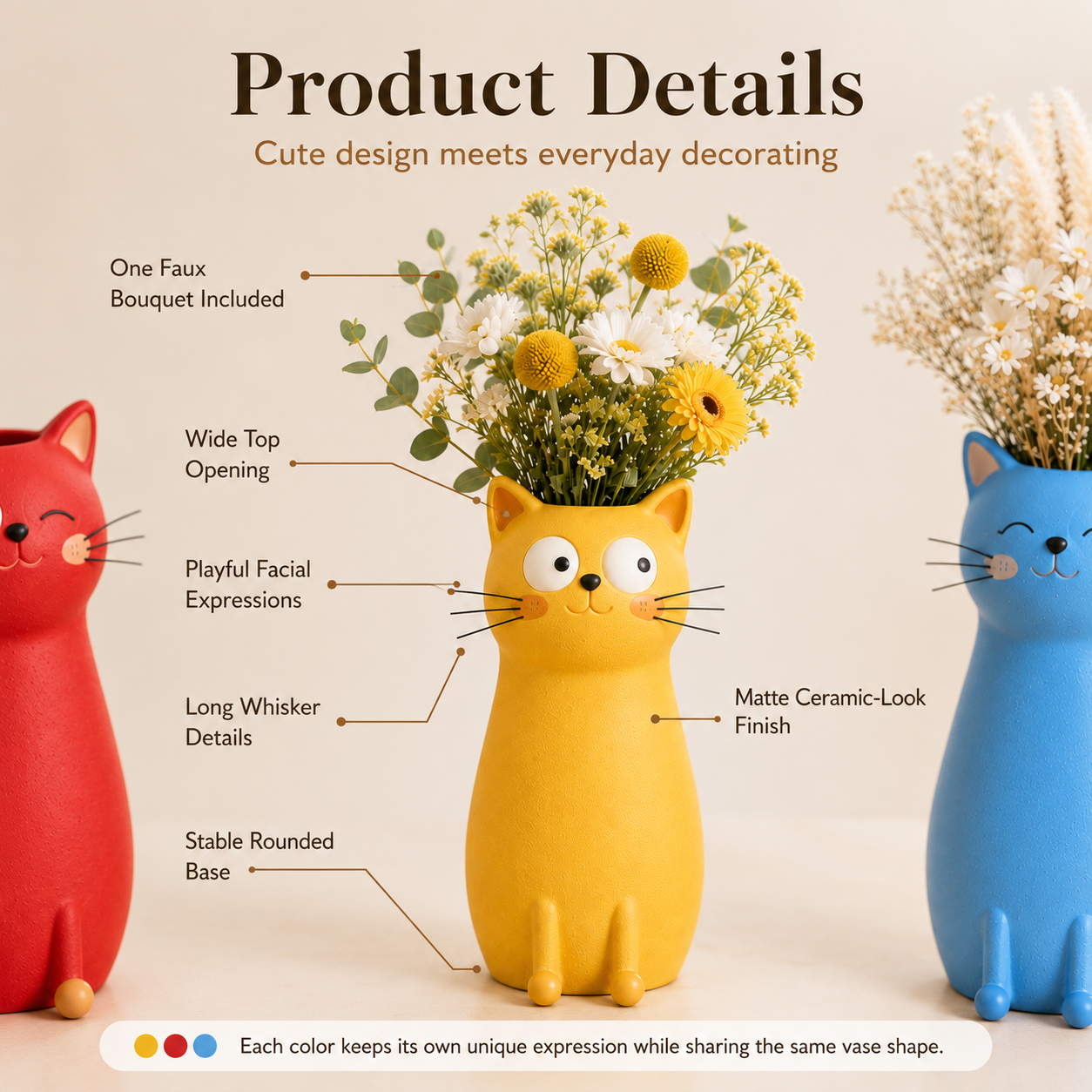 Whimsical Cat Flower Vase with Faux Flower Bouquet