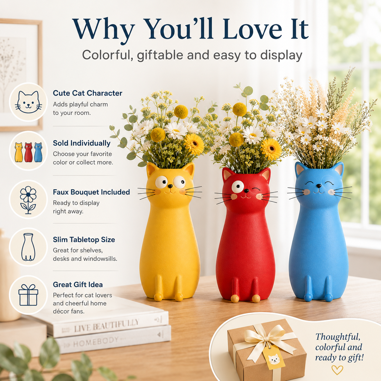 Whimsical Cat Flower Vase with Faux Flower Bouquet