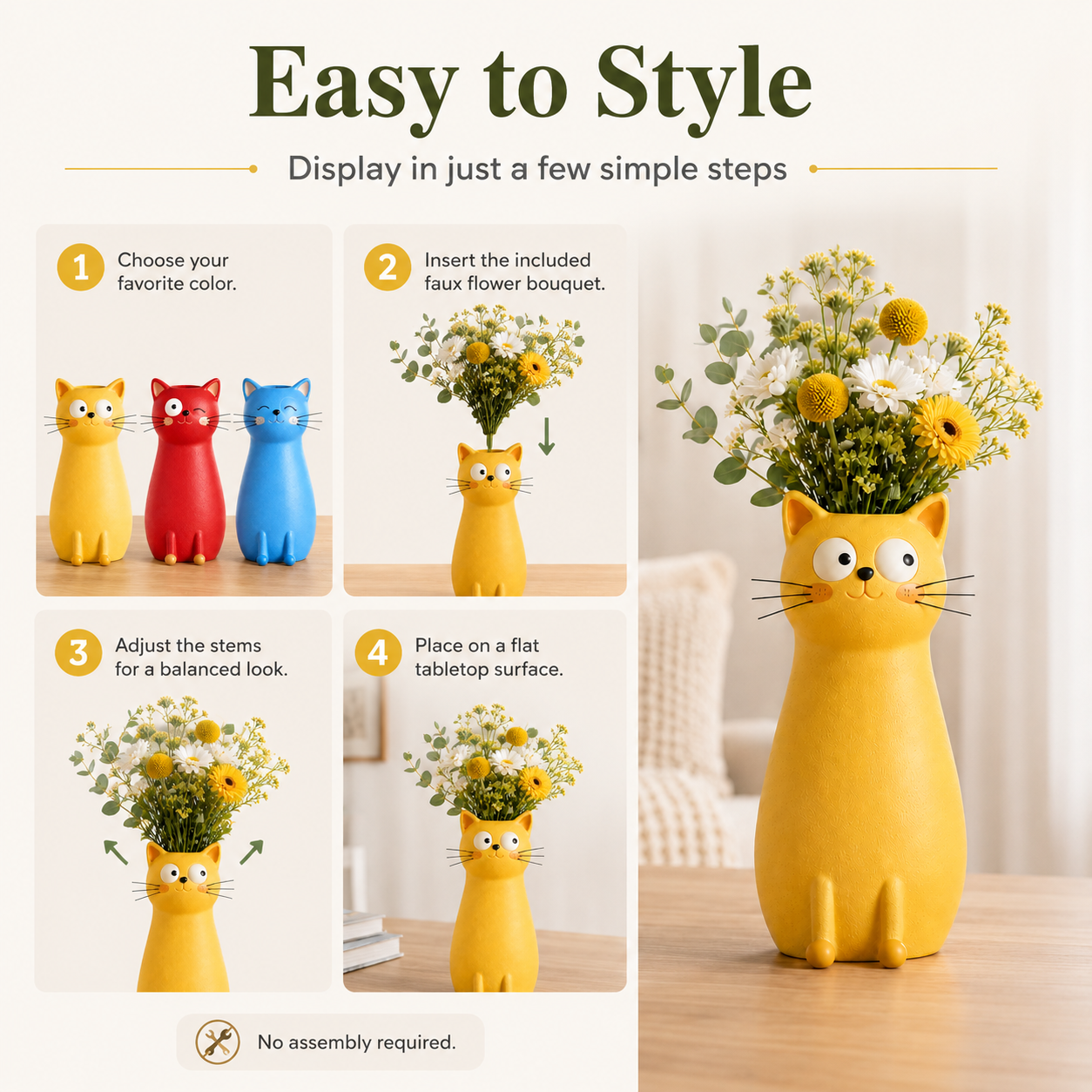 Whimsical Cat Flower Vase with Faux Flower Bouquet