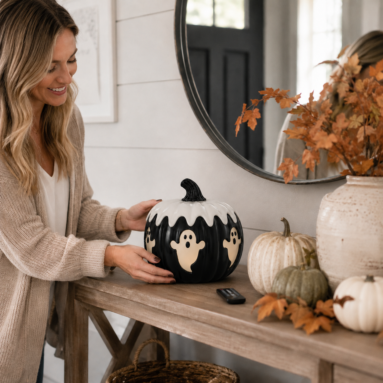 Remote-Controlled Lighted Ghost Pumpkin Halloween Decor