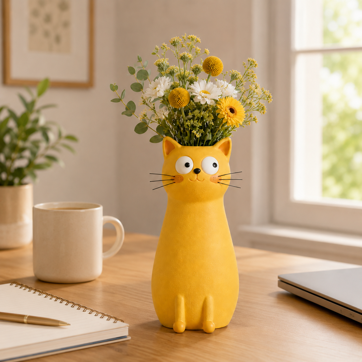 Whimsical Cat Flower Vase with Faux Flower Bouquet