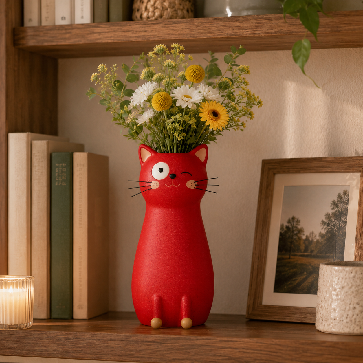 Whimsical Cat Flower Vase with Faux Flower Bouquet