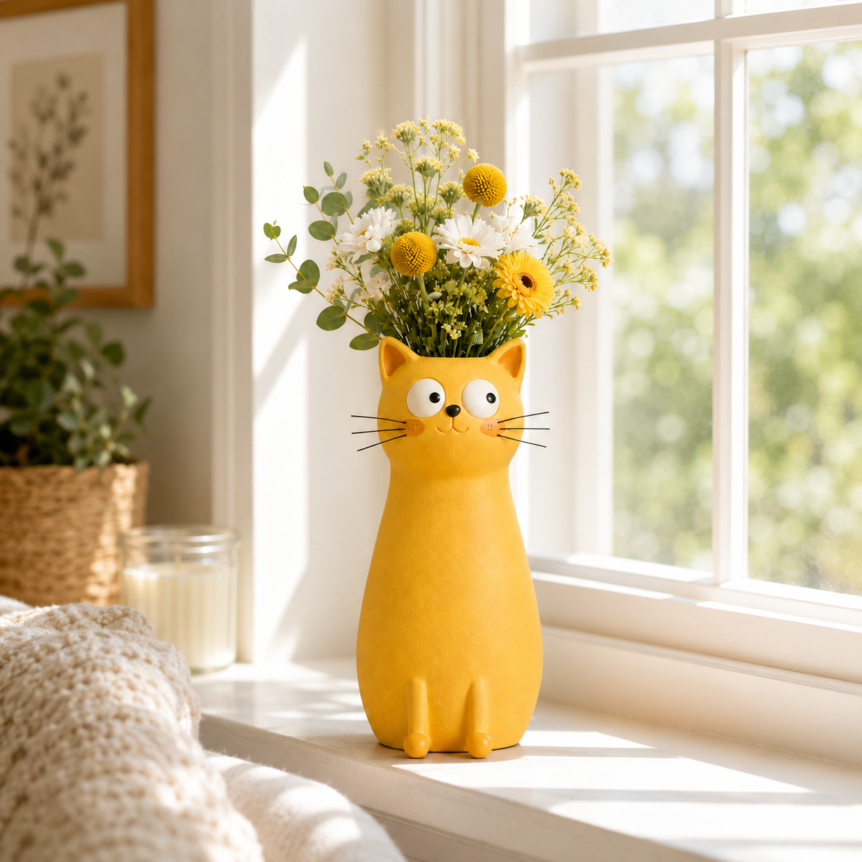 Whimsical Cat Flower Vase with Faux Flower Bouquet