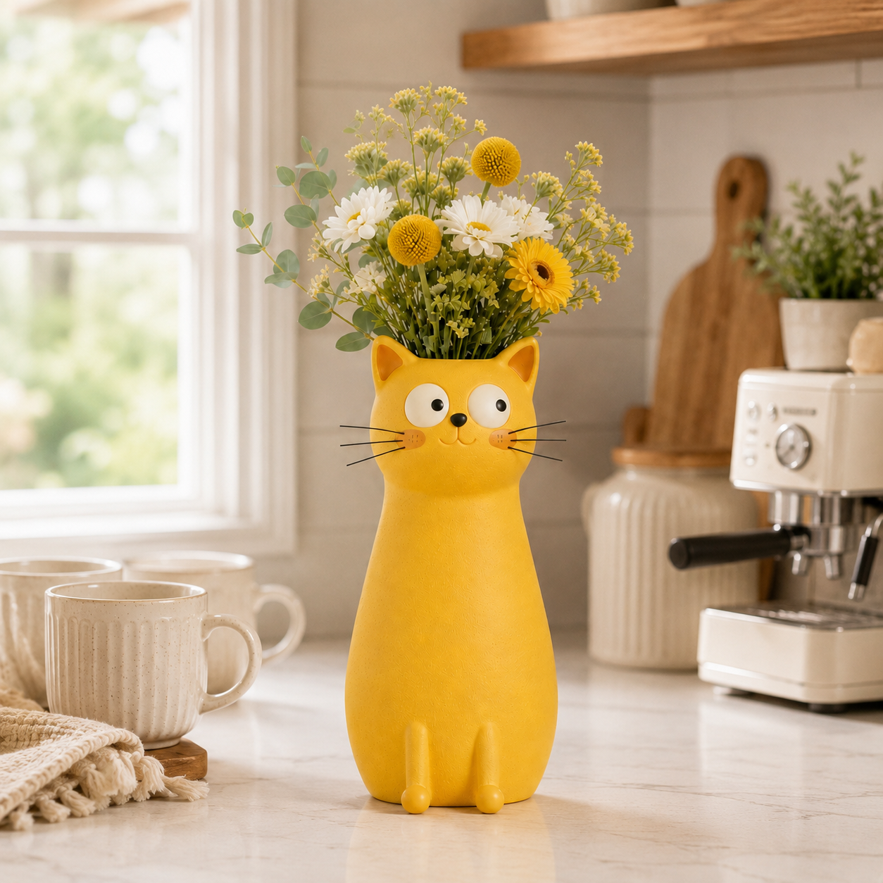 Whimsical Cat Flower Vase with Faux Flower Bouquet