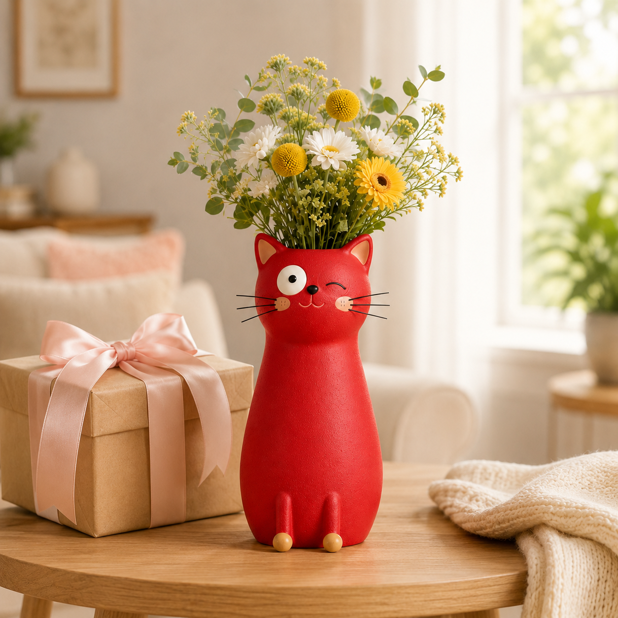 Whimsical Cat Flower Vase with Faux Flower Bouquet
