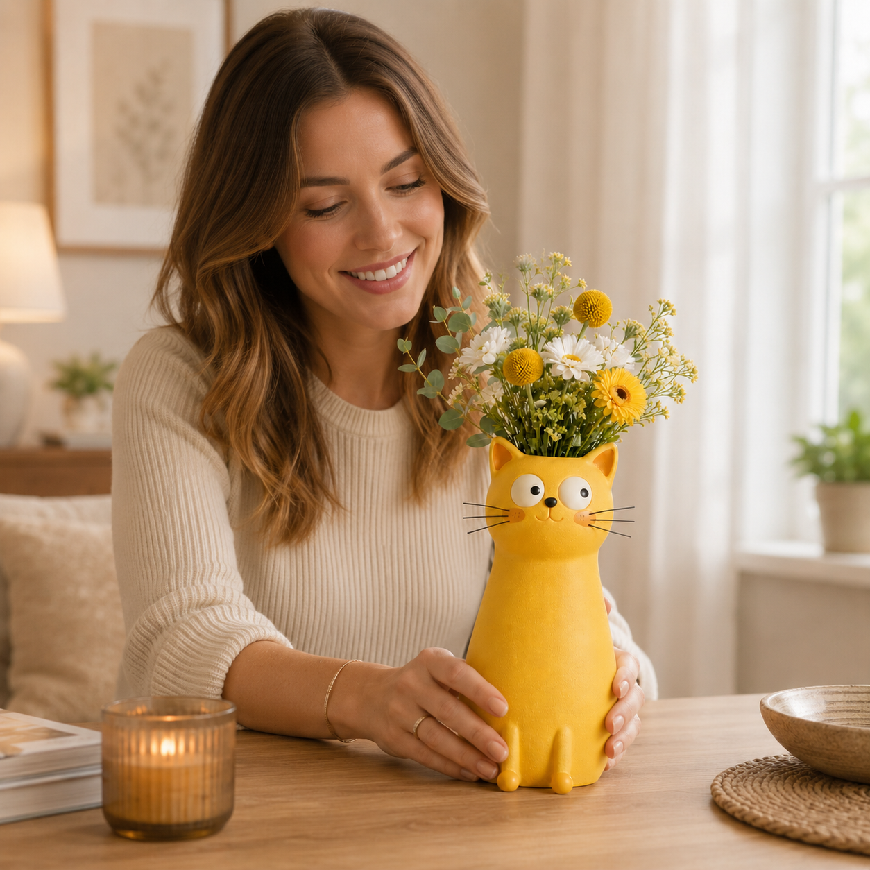 Whimsical Cat Flower Vase with Faux Flower Bouquet