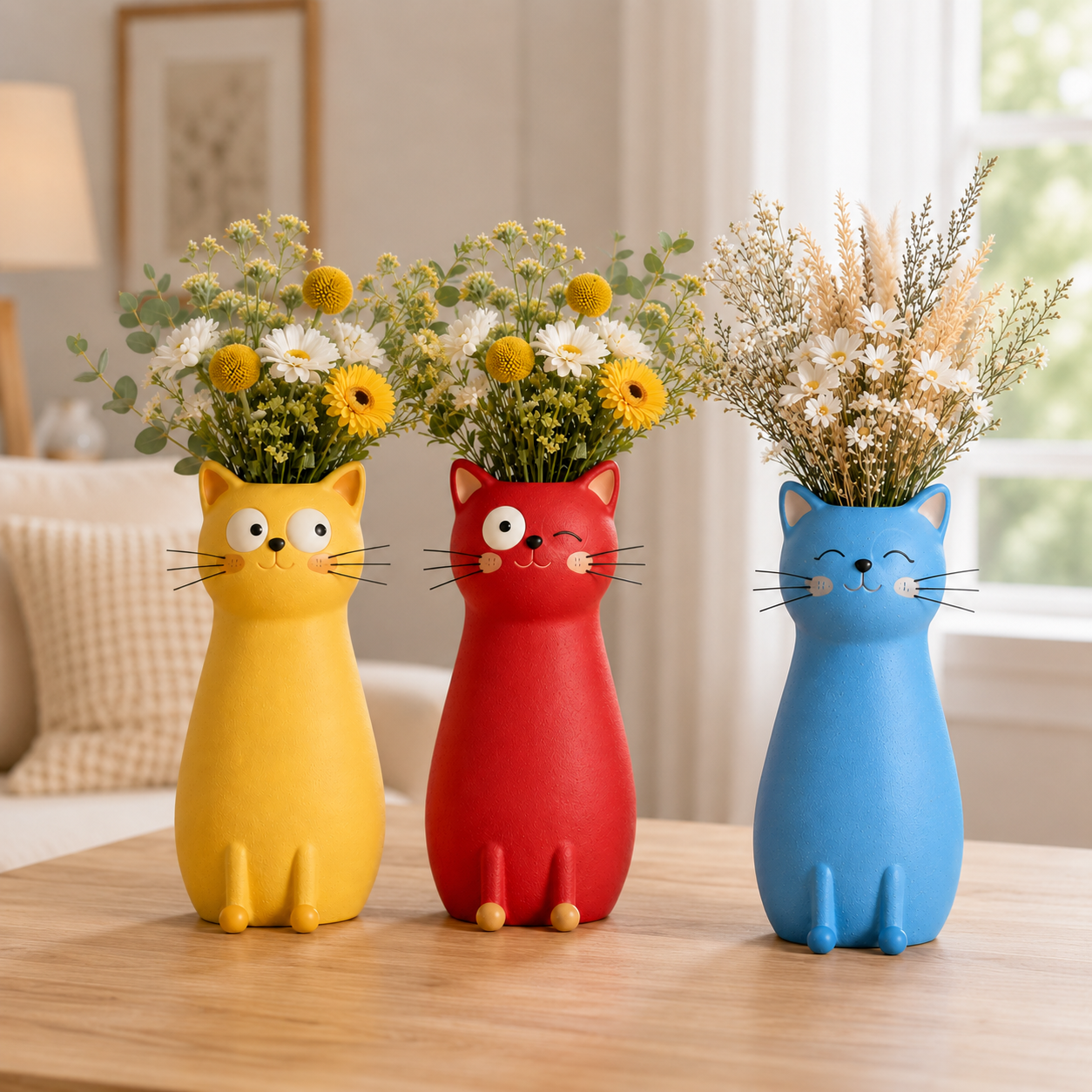 Whimsical Cat Flower Vase with Faux Flower Bouquet