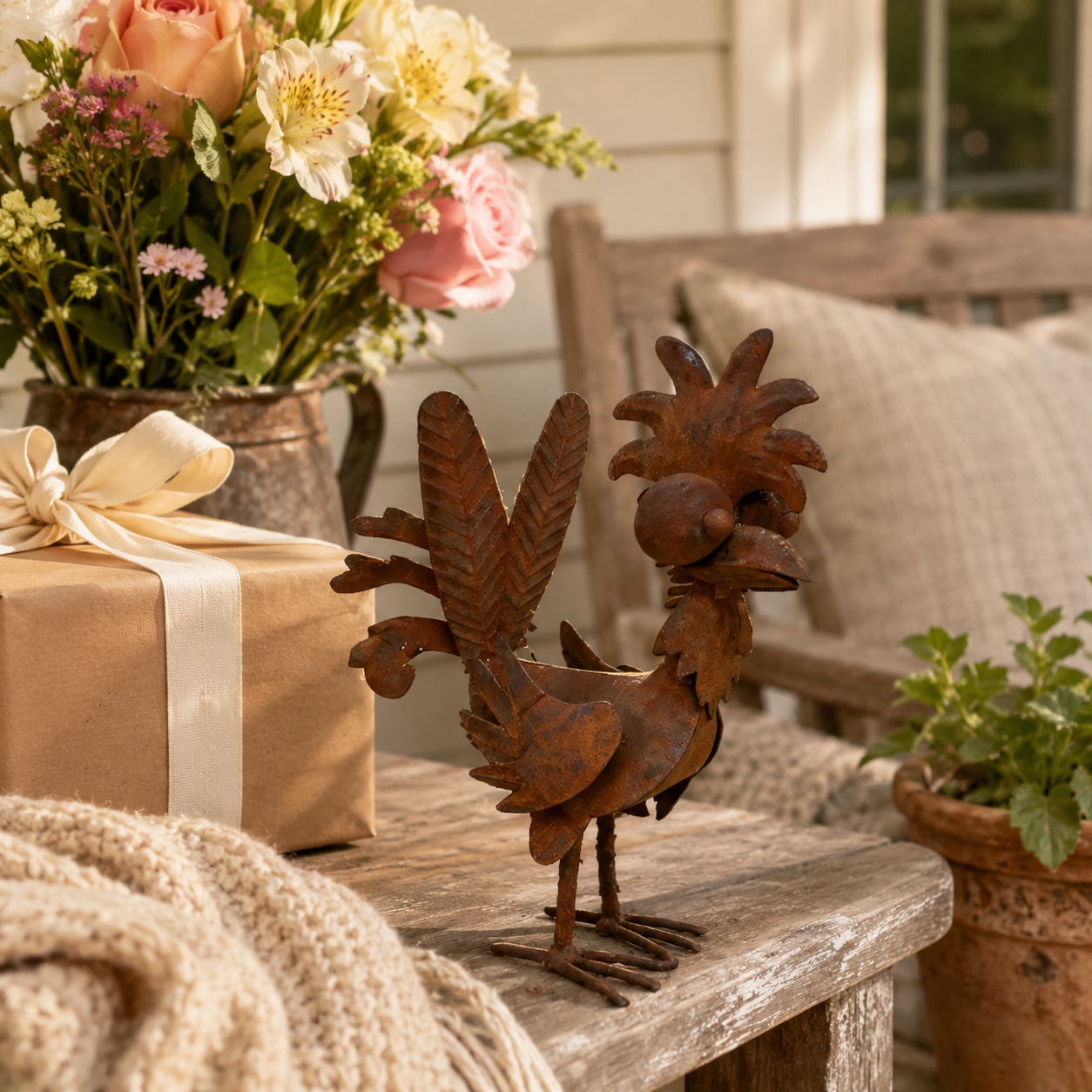 Rustic Metal Rooster Garden Decor