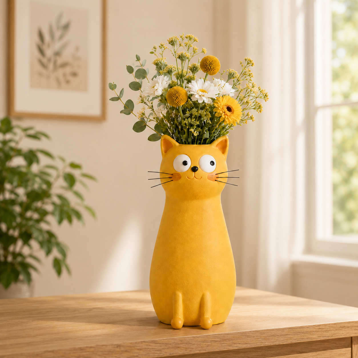 Whimsical Cat Flower Vase with Faux Flower Bouquet