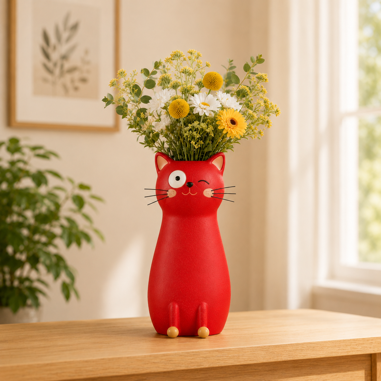 Whimsical Cat Flower Vase with Faux Flower Bouquet