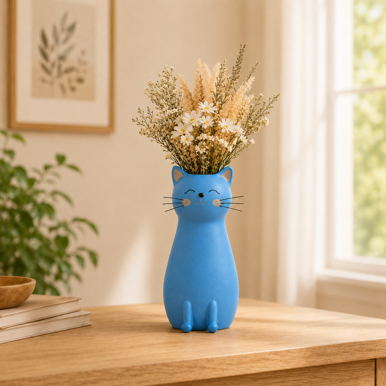 Whimsical Cat Flower Vase with Faux Flower Bouquet
