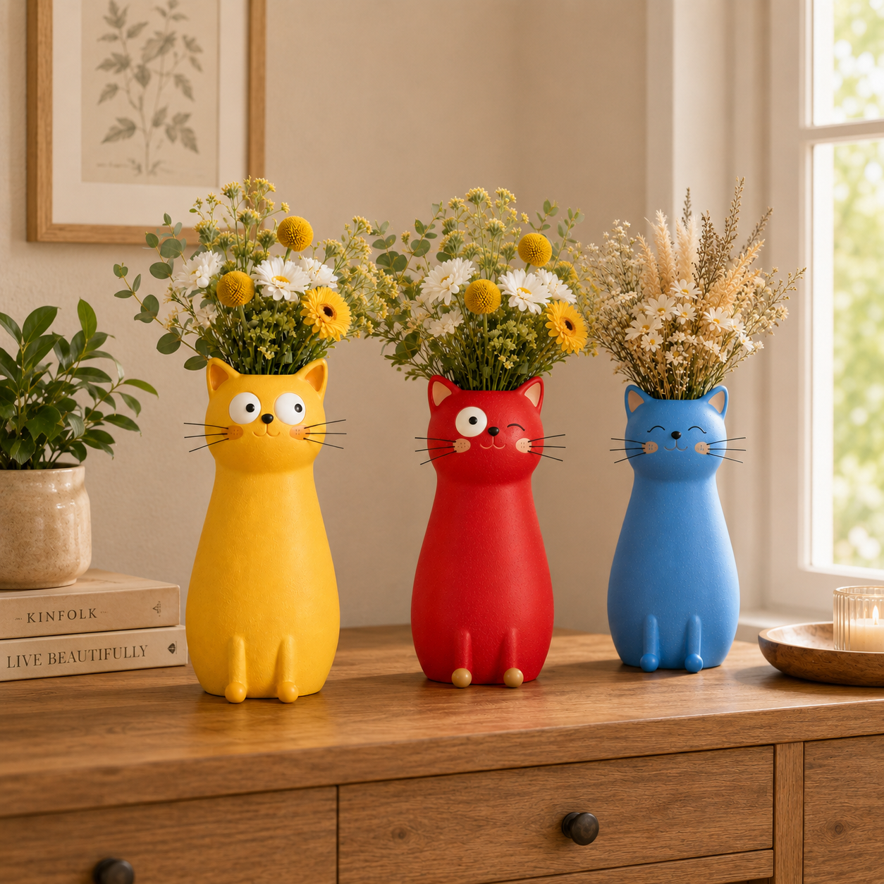 Whimsical Cat Flower Vase with Faux Flower Bouquet
