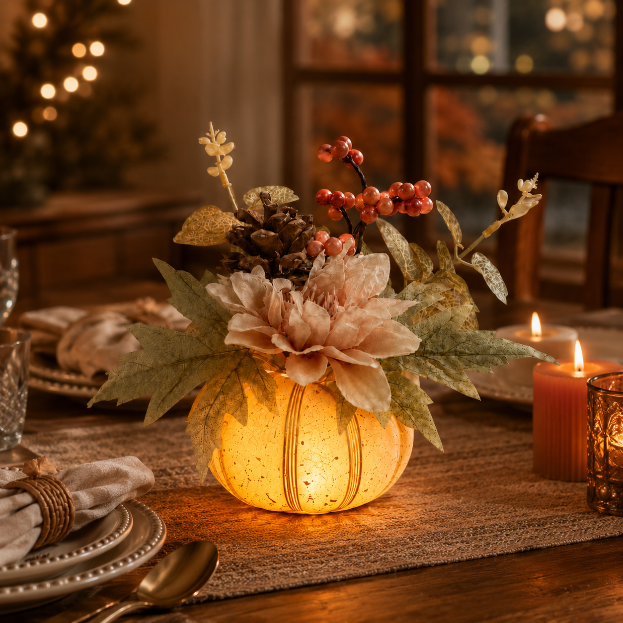 Lighted Fall Pumpkin Floral Decor