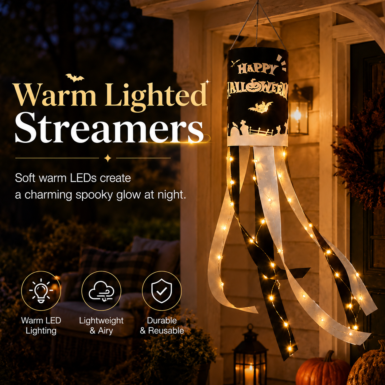 Halloween Hanging Windsock with Warm String Lights