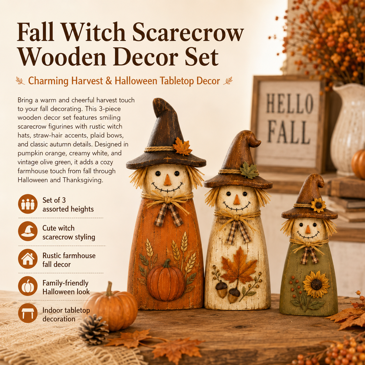 Fall Witch Scarecrow Wooden Decor Set of 3
