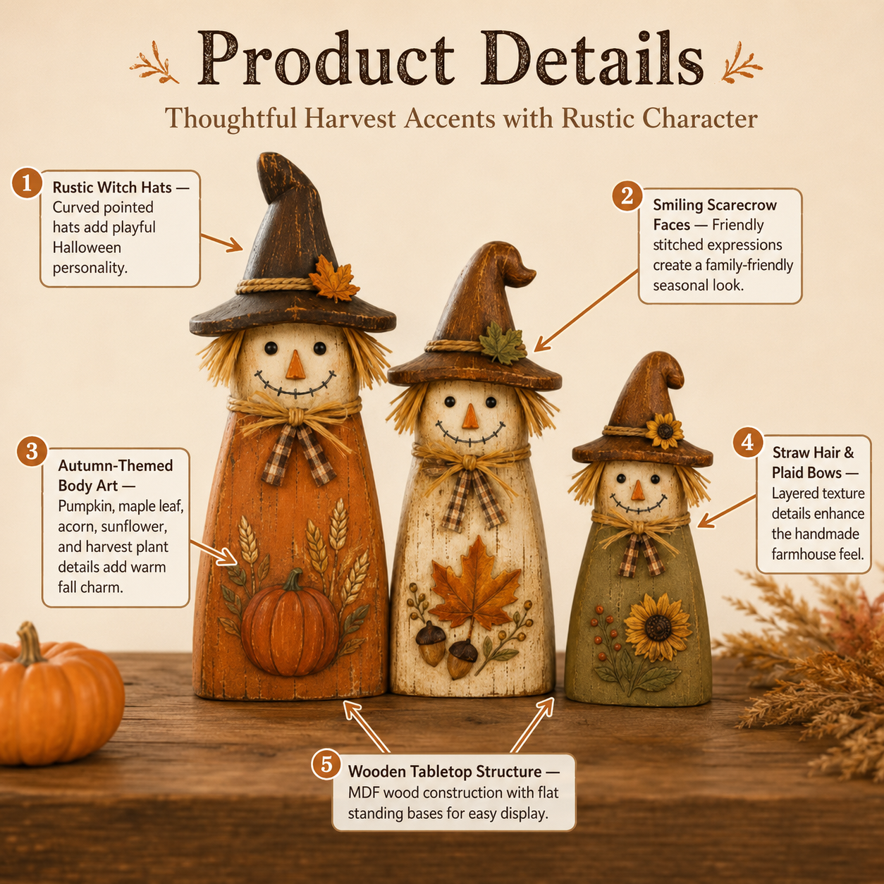 Fall Witch Scarecrow Wooden Decor Set of 3