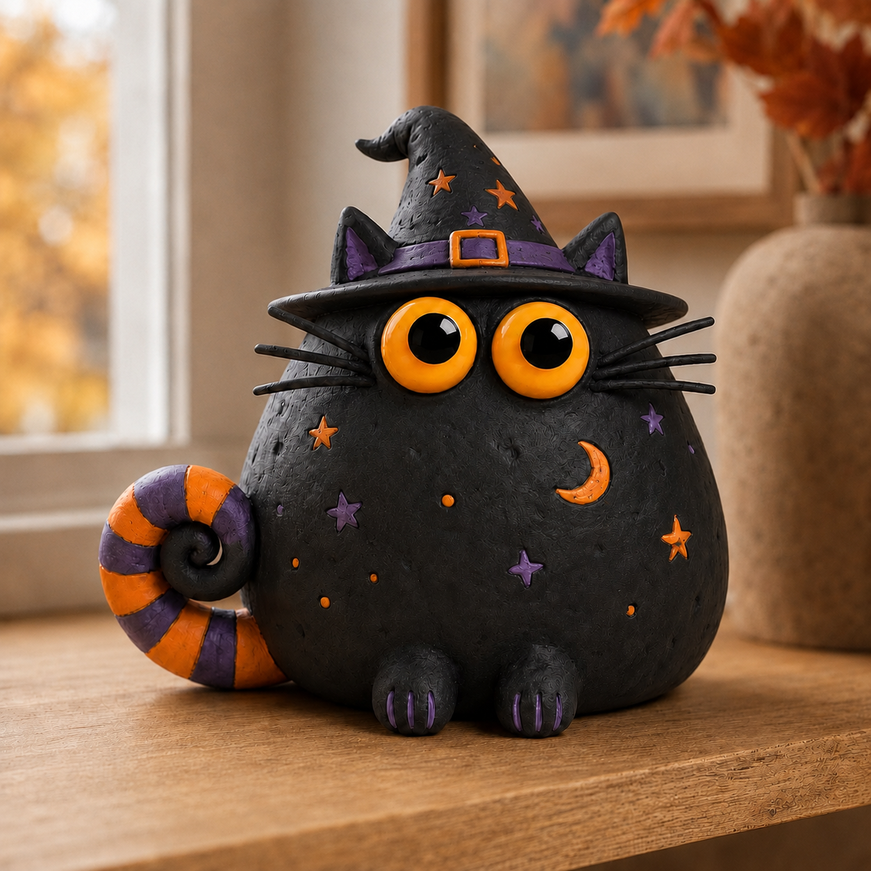 Halloween Witch Cat Decor, 7.9-Inch Hollow Polyresin Black Cat Figurine with Witch Hat