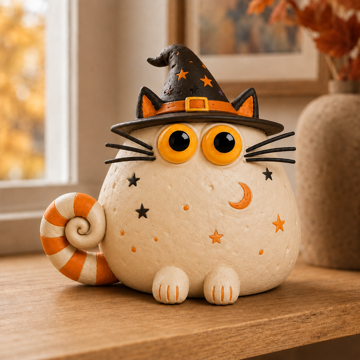 Halloween Witch Cat Decor, 7.9-Inch Hollow Polyresin Black Cat Figurine with Witch Hat