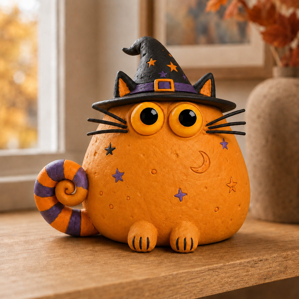 Halloween Witch Cat Decor, 7.9-Inch Hollow Polyresin Black Cat Figurine with Witch Hat