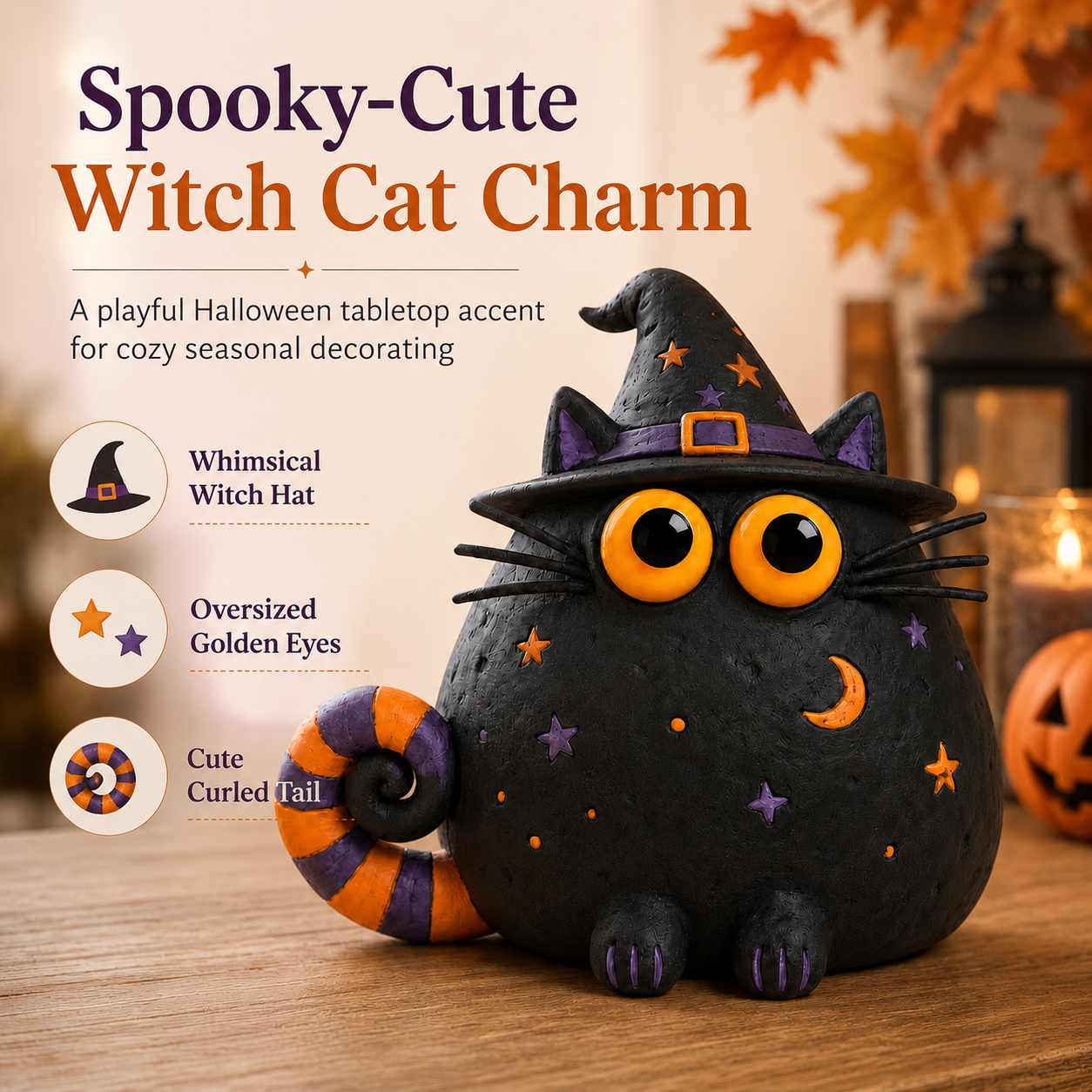 Halloween Witch Cat Decor, 7.9-Inch Hollow Polyresin Black Cat Figurine with Witch Hat