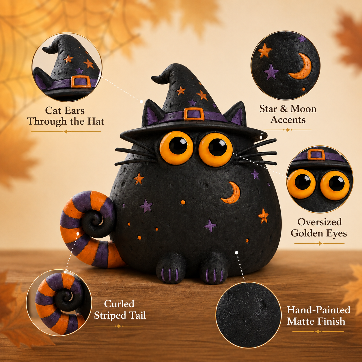 Halloween Witch Cat Decor, 7.9-Inch Hollow Polyresin Black Cat Figurine with Witch Hat