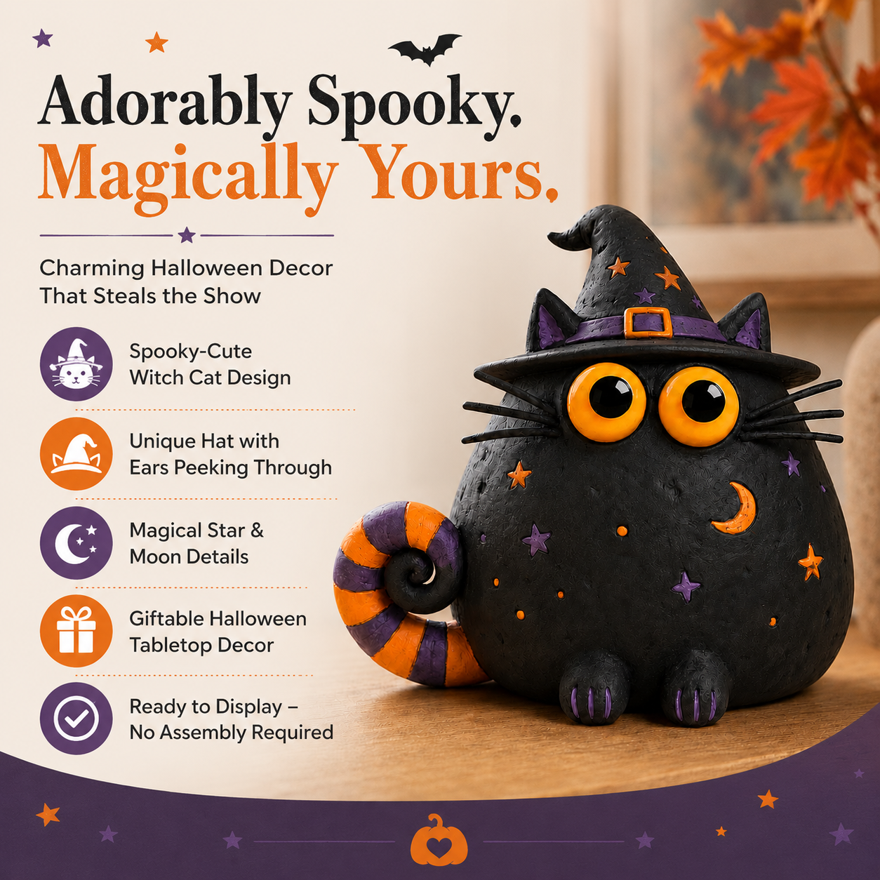 Halloween Witch Cat Decor, 7.9-Inch Hollow Polyresin Black Cat Figurine with Witch Hat
