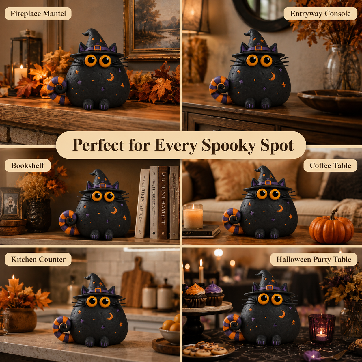 Halloween Witch Cat Decor, 7.9-Inch Hollow Polyresin Black Cat Figurine with Witch Hat