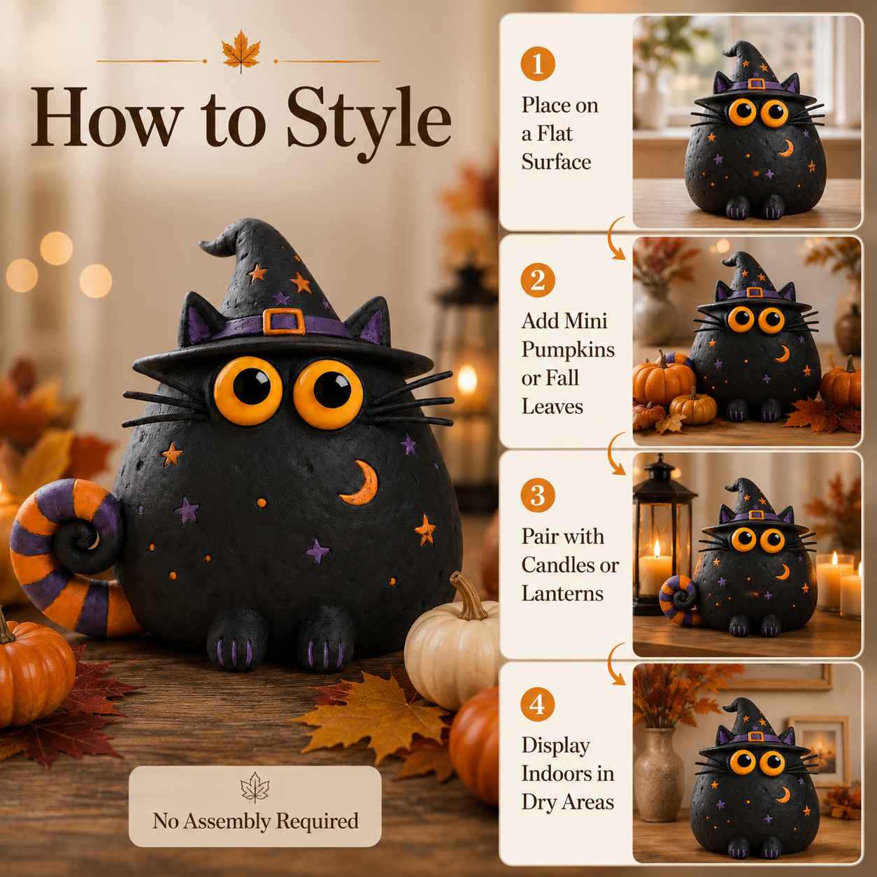 Halloween Witch Cat Decor, 7.9-Inch Hollow Polyresin Black Cat Figurine with Witch Hat