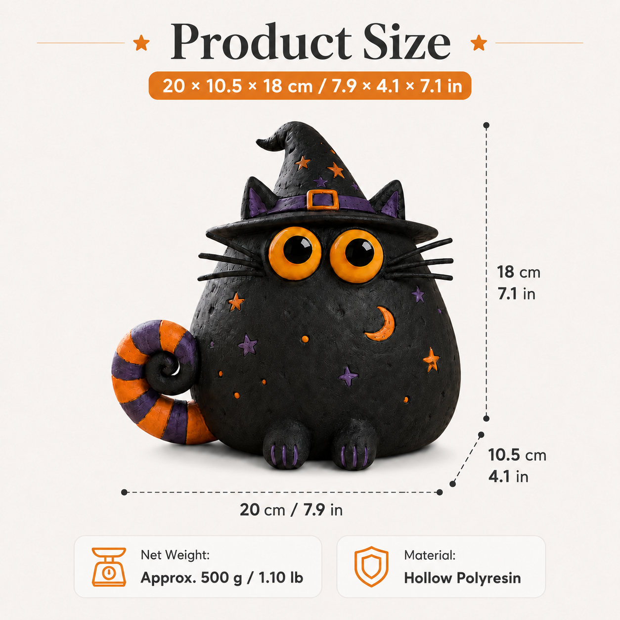 Halloween Witch Cat Decor, 7.9-Inch Hollow Polyresin Black Cat Figurine with Witch Hat