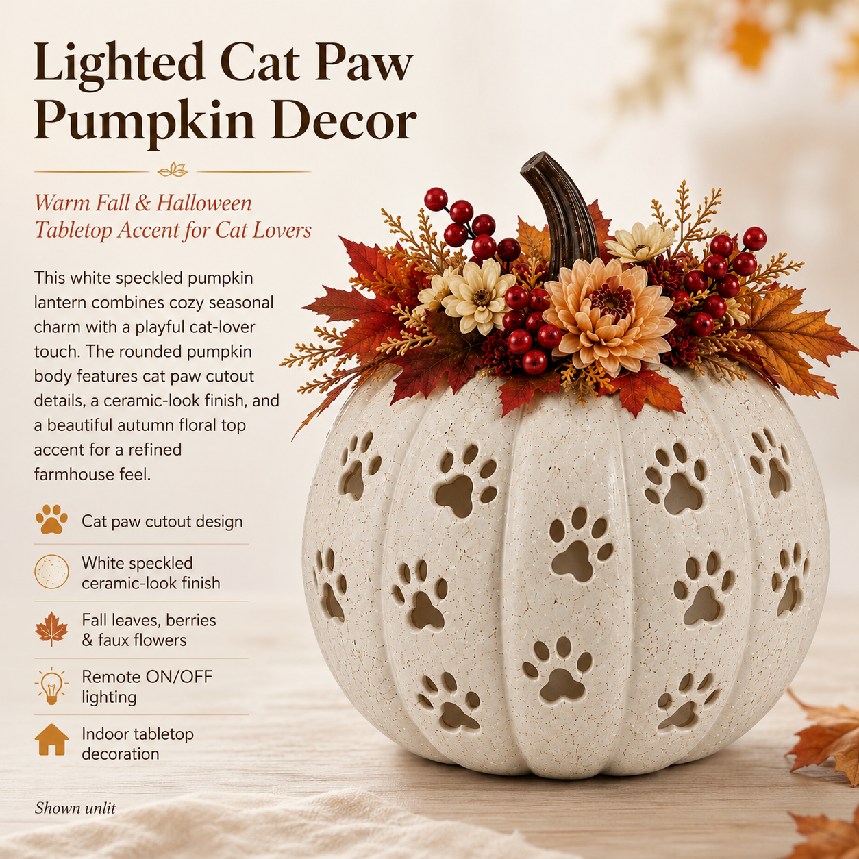Lighted Cat Paw Pumpkin Decor, 9.4-Inch White Speckled Hollow Polyresin Pumpkin Lantern with Paw Print Cutouts