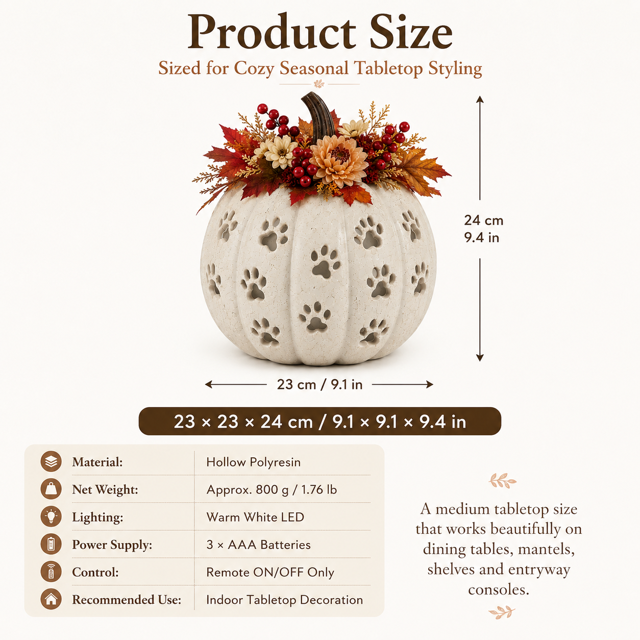 Lighted Cat Paw Pumpkin Decor, 9.4-Inch White Speckled Hollow Polyresin Pumpkin Lantern with Paw Print Cutouts