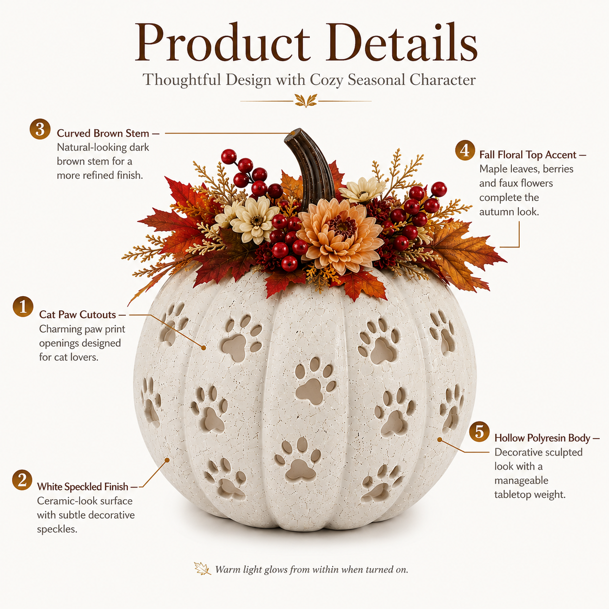Lighted Cat Paw Pumpkin Decor, 9.4-Inch White Speckled Hollow Polyresin Pumpkin Lantern with Paw Print Cutouts