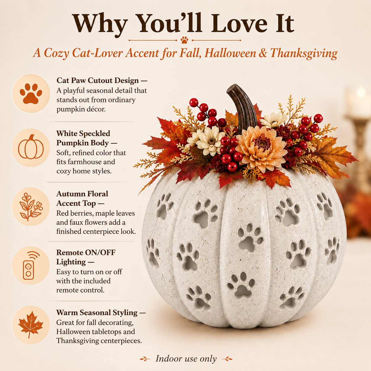 Lighted Cat Paw Pumpkin Decor, 9.4-Inch White Speckled Hollow Polyresin Pumpkin Lantern with Paw Print Cutouts