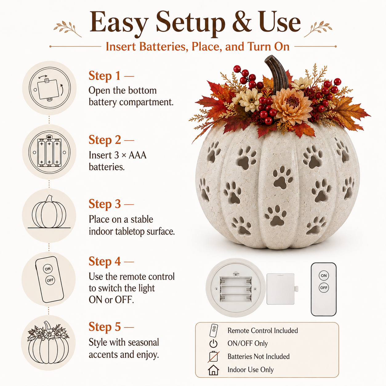 Lighted Cat Paw Pumpkin Decor, 9.4-Inch White Speckled Hollow Polyresin Pumpkin Lantern with Paw Print Cutouts