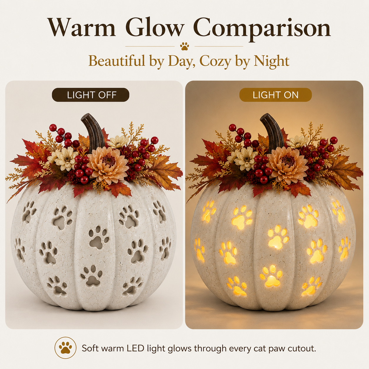 Lighted Cat Paw Pumpkin Decor, 9.4-Inch White Speckled Hollow Polyresin Pumpkin Lantern with Paw Print Cutouts