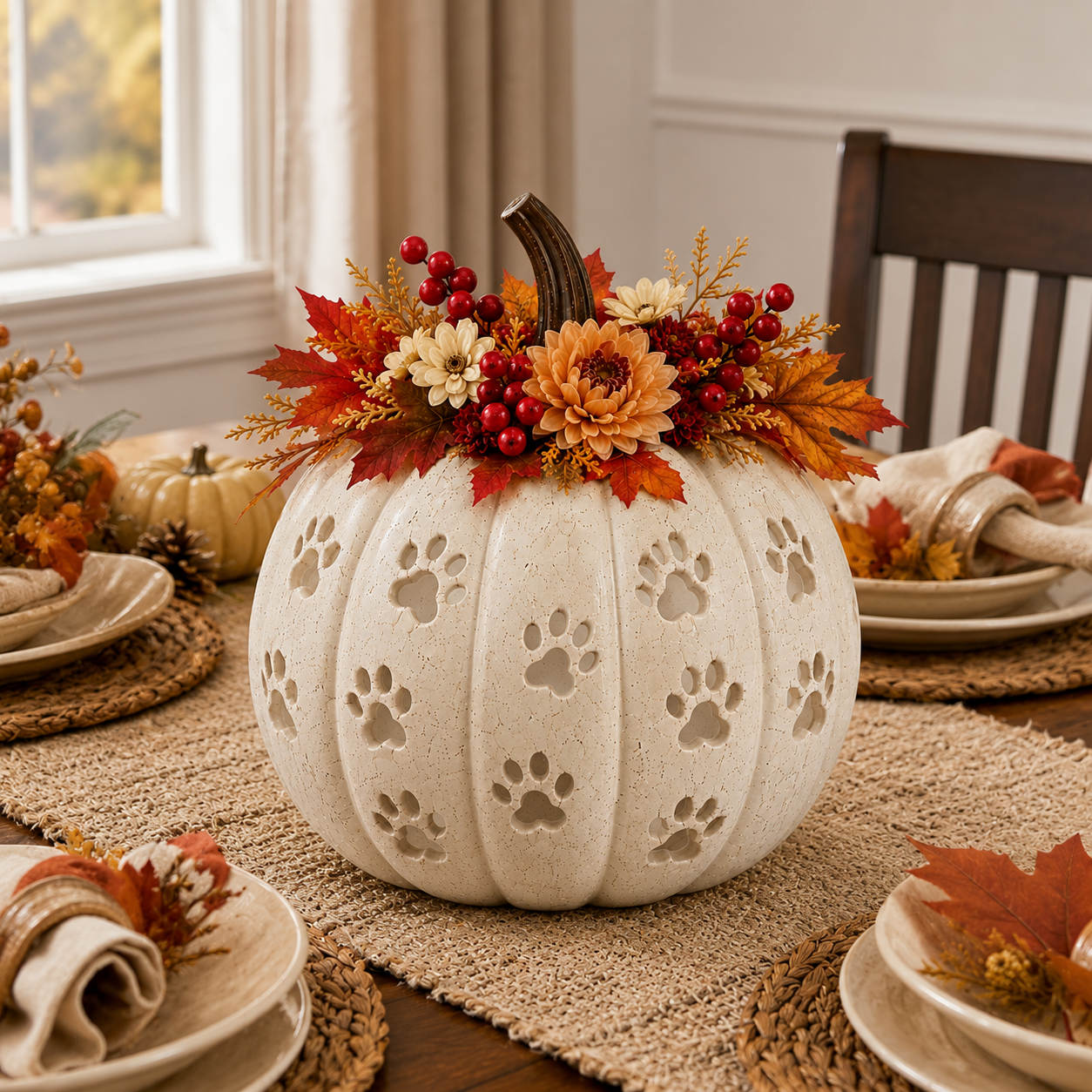 Lighted Cat Paw Pumpkin Decor, 9.4-Inch White Speckled Hollow Polyresin Pumpkin Lantern with Paw Print Cutouts