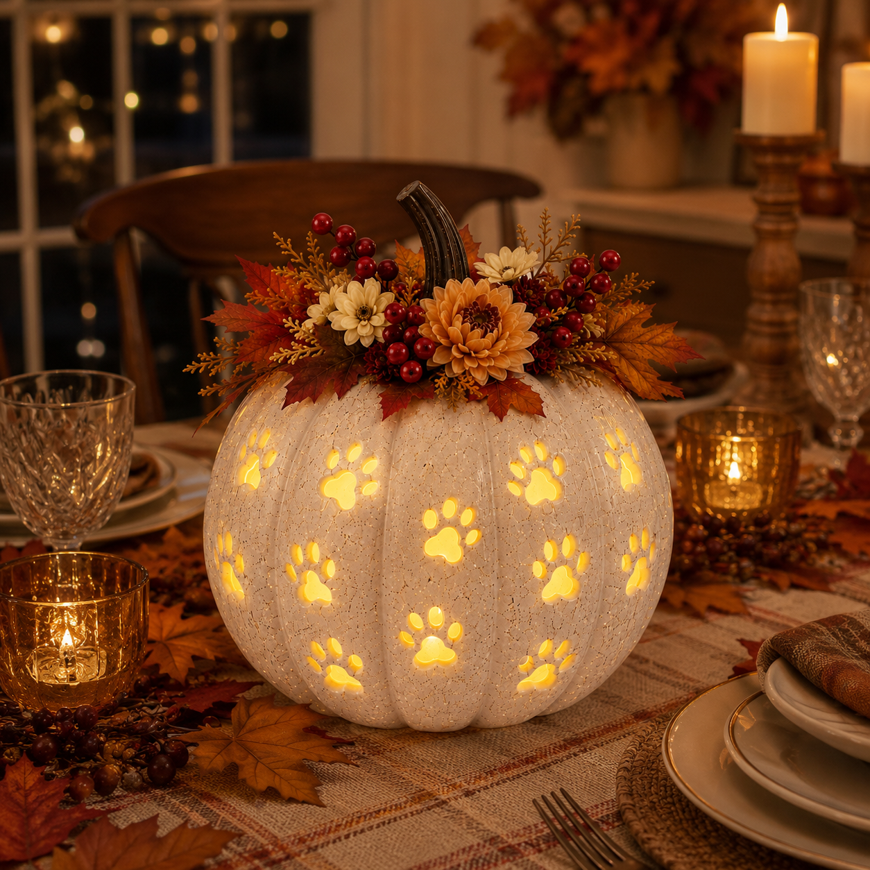 Lighted Cat Paw Pumpkin Decor, 9.4-Inch White Speckled Hollow Polyresin Pumpkin Lantern with Paw Print Cutouts