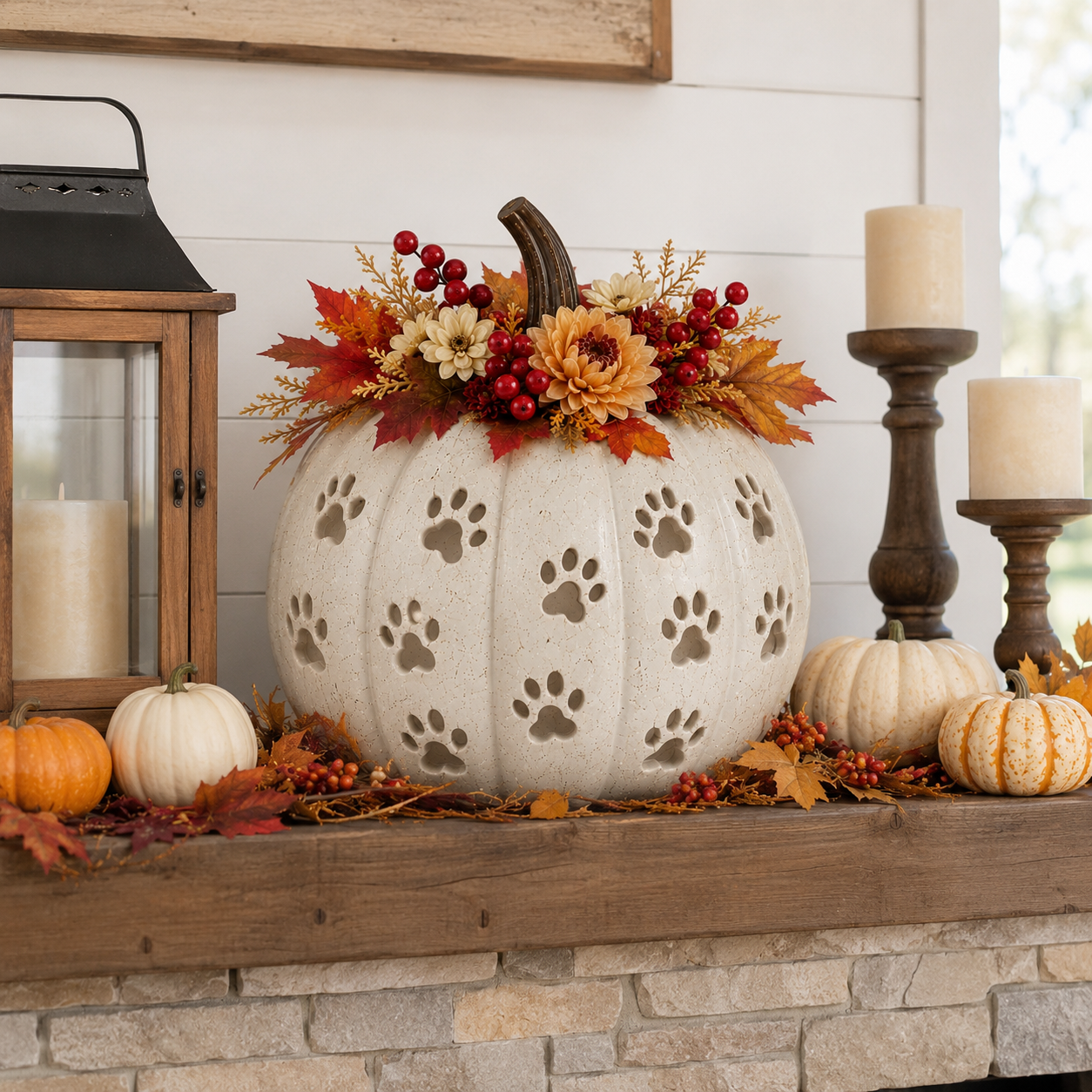 Lighted Cat Paw Pumpkin Decor, 9.4-Inch White Speckled Hollow Polyresin Pumpkin Lantern with Paw Print Cutouts