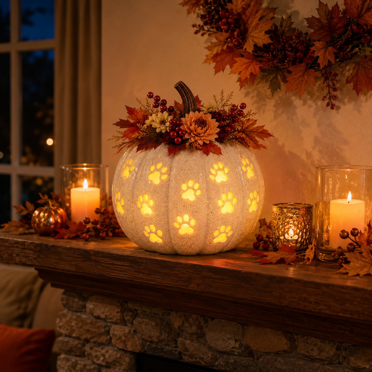 Lighted Cat Paw Pumpkin Decor, 9.4-Inch White Speckled Hollow Polyresin Pumpkin Lantern with Paw Print Cutouts