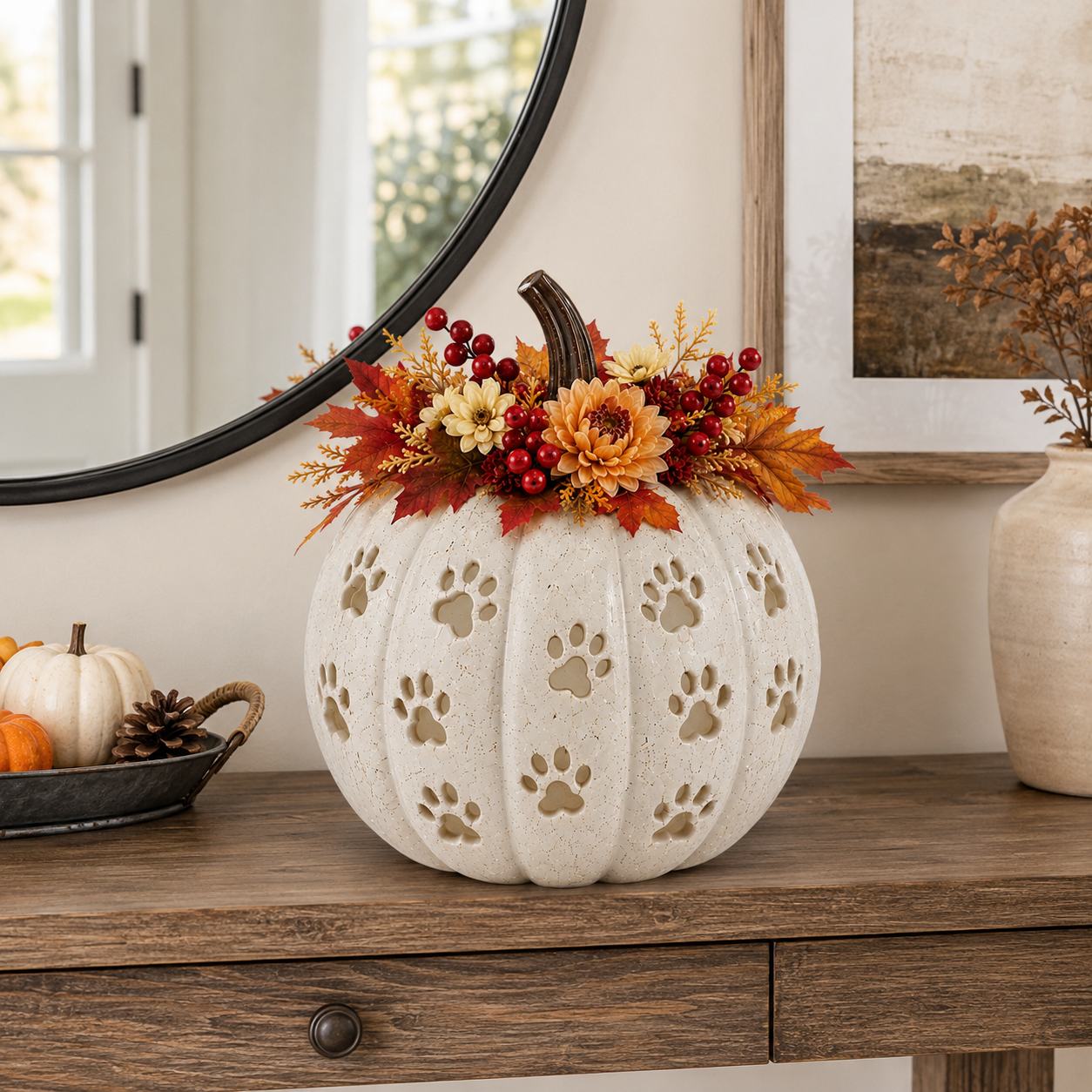 Lighted Cat Paw Pumpkin Decor, 9.4-Inch White Speckled Hollow Polyresin Pumpkin Lantern with Paw Print Cutouts