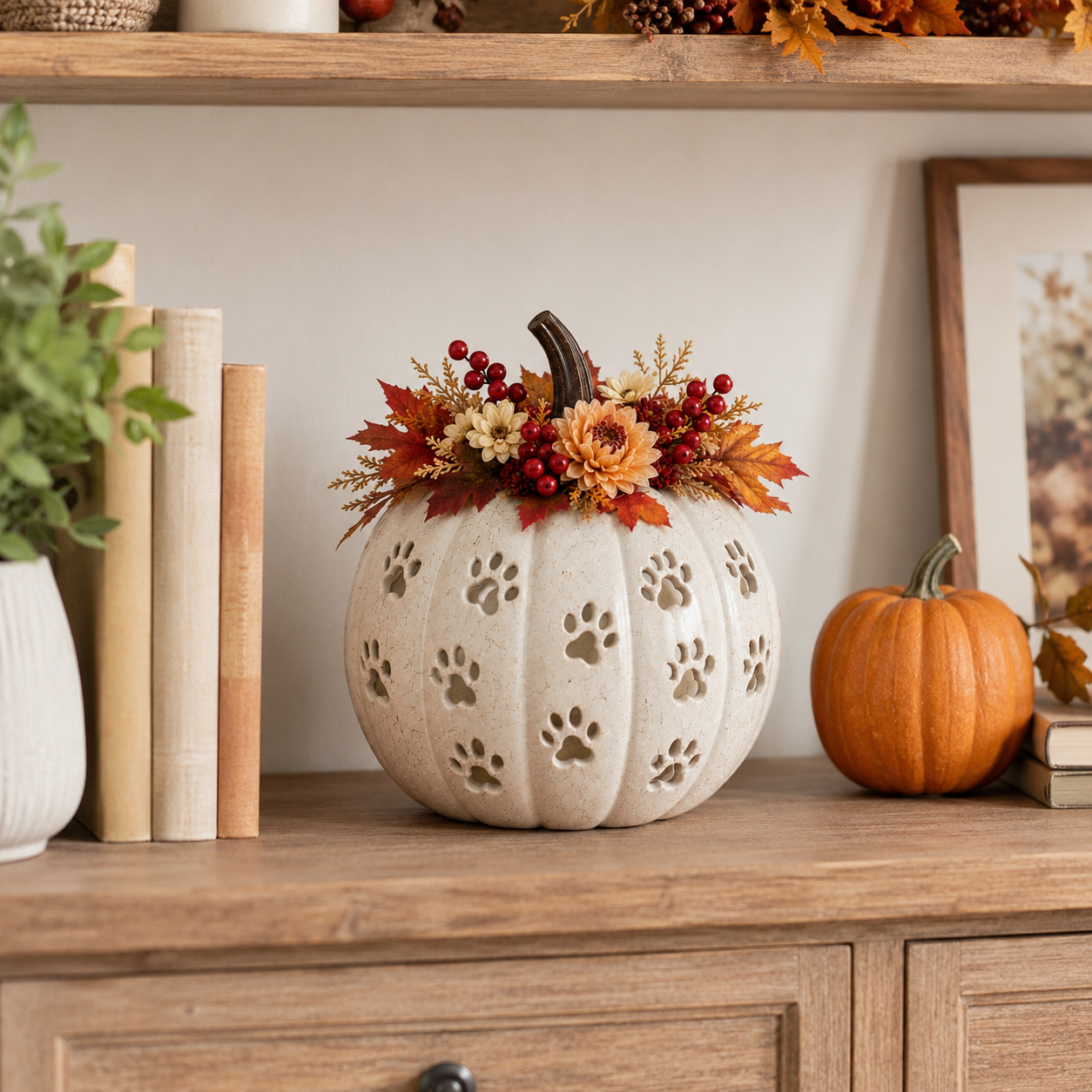Lighted Cat Paw Pumpkin Decor, 9.4-Inch White Speckled Hollow Polyresin Pumpkin Lantern with Paw Print Cutouts