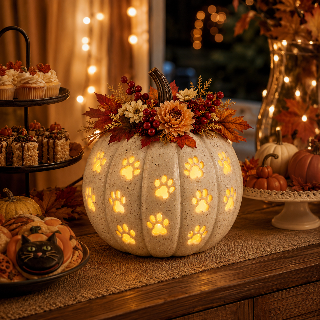 Lighted Cat Paw Pumpkin Decor, 9.4-Inch White Speckled Hollow Polyresin Pumpkin Lantern with Paw Print Cutouts