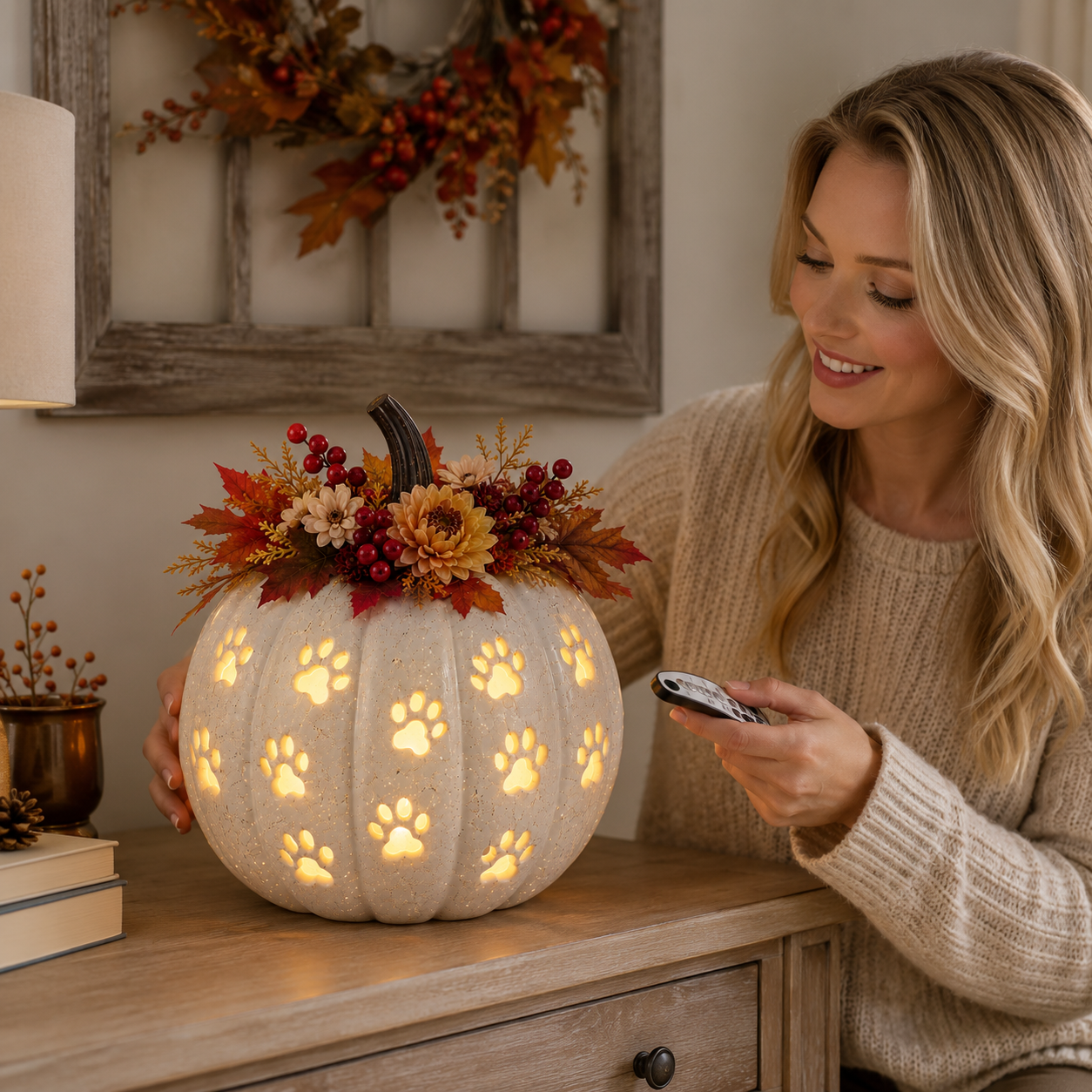 Lighted Cat Paw Pumpkin Decor, 9.4-Inch White Speckled Hollow Polyresin Pumpkin Lantern with Paw Print Cutouts