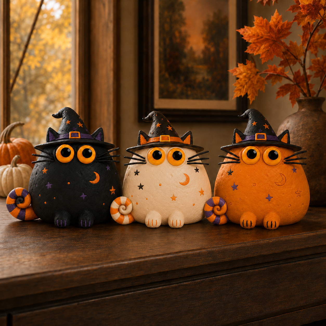 Halloween Witch Cat Decor, 7.9-Inch Hollow Polyresin Black Cat Figurine with Witch Hat