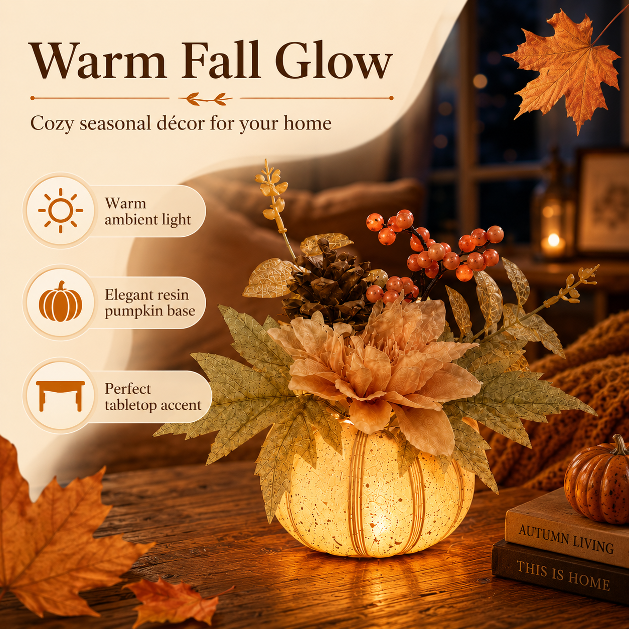 Lighted Resin Fall Pumpkin Floral Decor with Remote Control